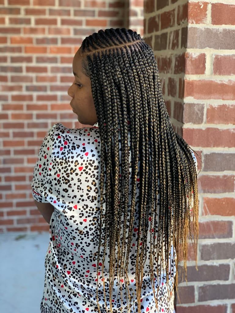 Fulani braids with cornrows in front and long ombré box braids