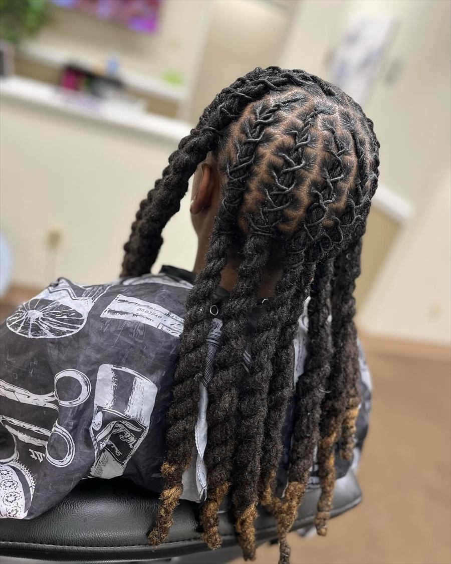 Loc style with twisted rope parts and honey-blonde tips, viewed from the back